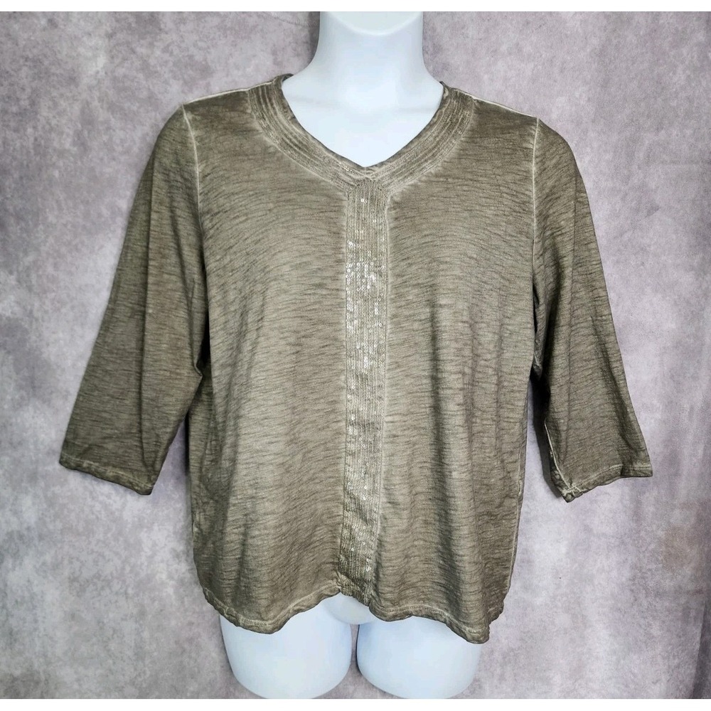 CHICOS Green Womens Top Shirt Blouse Large/2 Sequin V-neck 3/4 Sleeve‎ Cotton